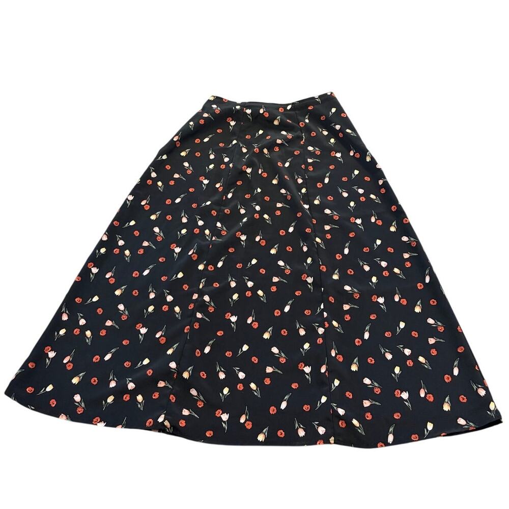 Vintage‎ Kathy Ireland Floral Midi Skirt Womens L Black Tulip Cottagecore Summer